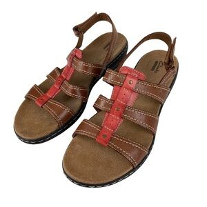 Clarks Brown Leather Sandals Slingback Pink  Women’s Size 12 Hook Loop Adj